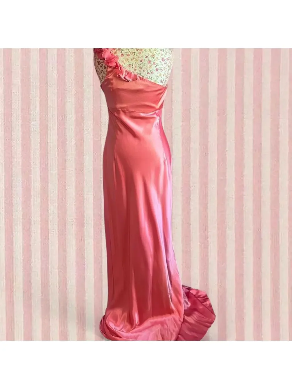 silk pink floor length dress with floral ruffles - Picture 4 of 8